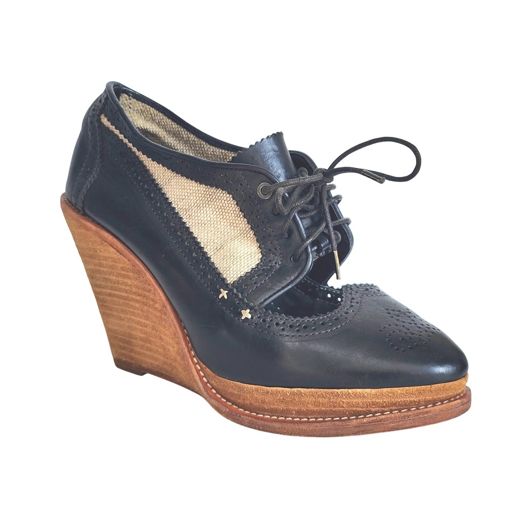 Rag & Bone Black Leather Canvas Wingtip Platform Wedge Oxford Bootie Shoes 39 9